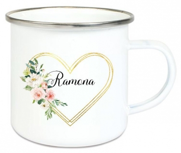 ♥ Tasse Emailletasse Blumenkranz Herz zarte Rosen pastel Wunschname, Dankeschön, Geburtstag, Abschied, Jubiläum, Geschenk, Becher von Lüttentüddel